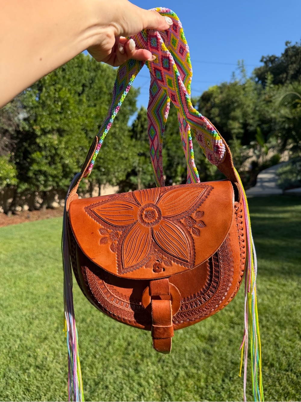 Hand-Tooled Leather Crossbody Bag with Floral Motif - Tan